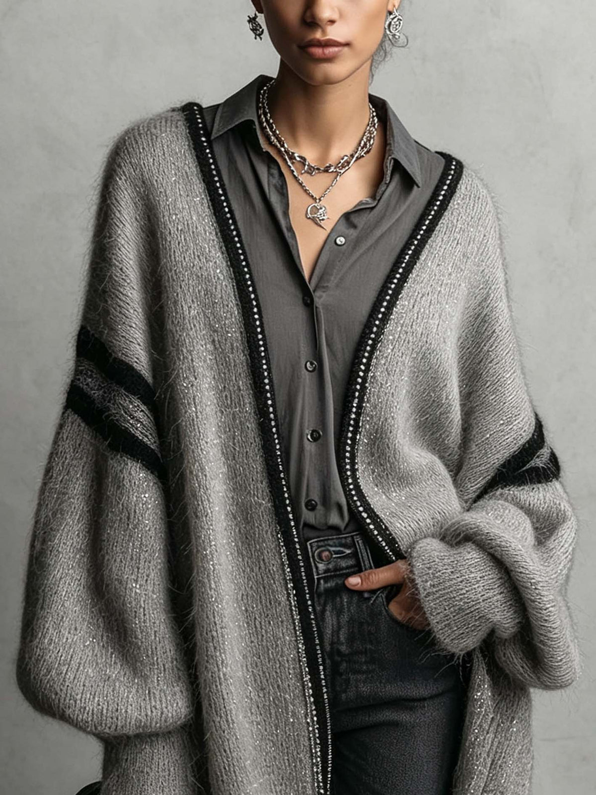 Gray Mohair Blend Glitter Knit Rhinestone Trim Batwing Cardigan