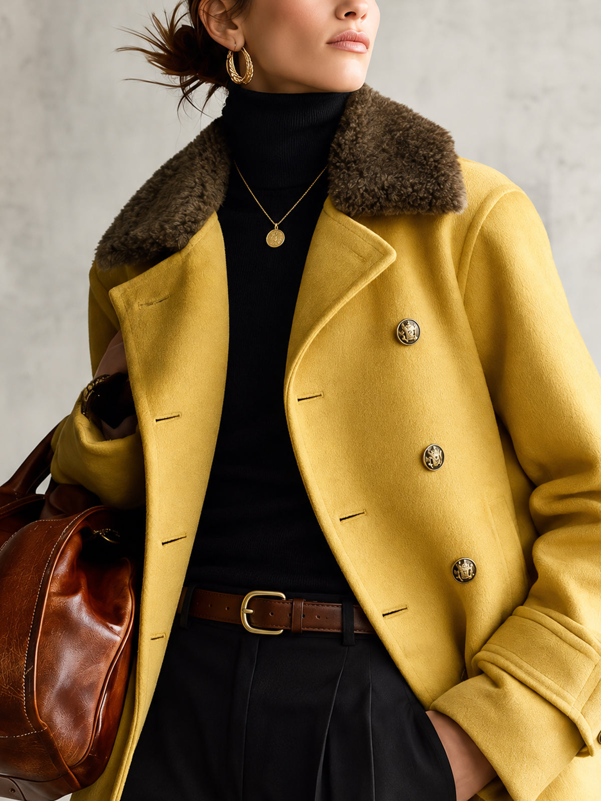 Yellow Oversized Wool-Blend Coat With Faux Fur Collar