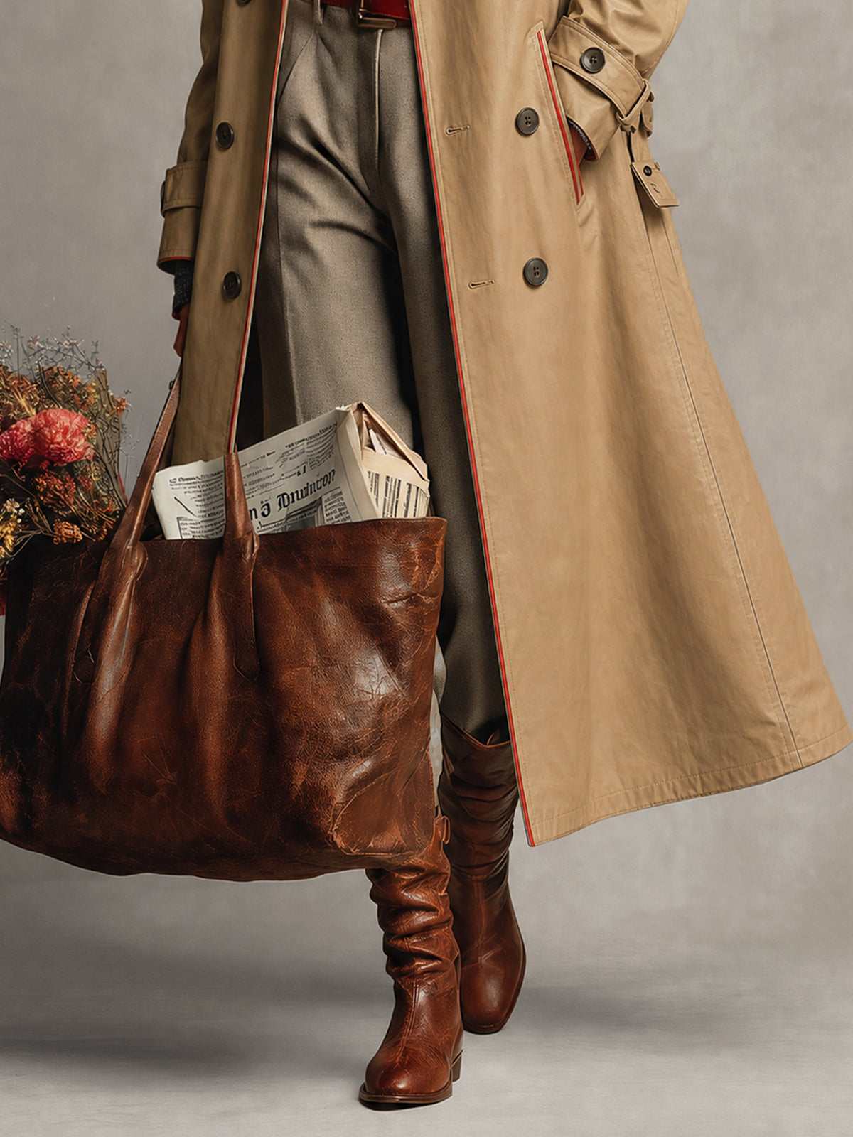 Khaki Water Resistant Trench Coat With Contrast Red Trim