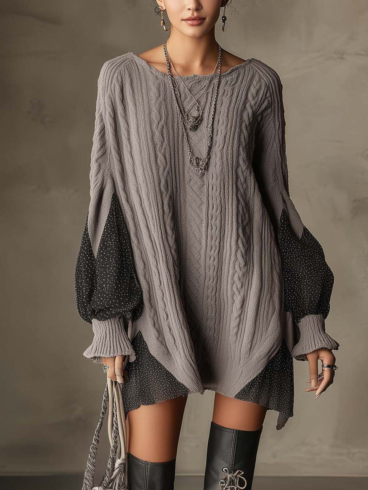 Gray Cable Knit Mini Dress With Polka Dot Chiffon Patchwork