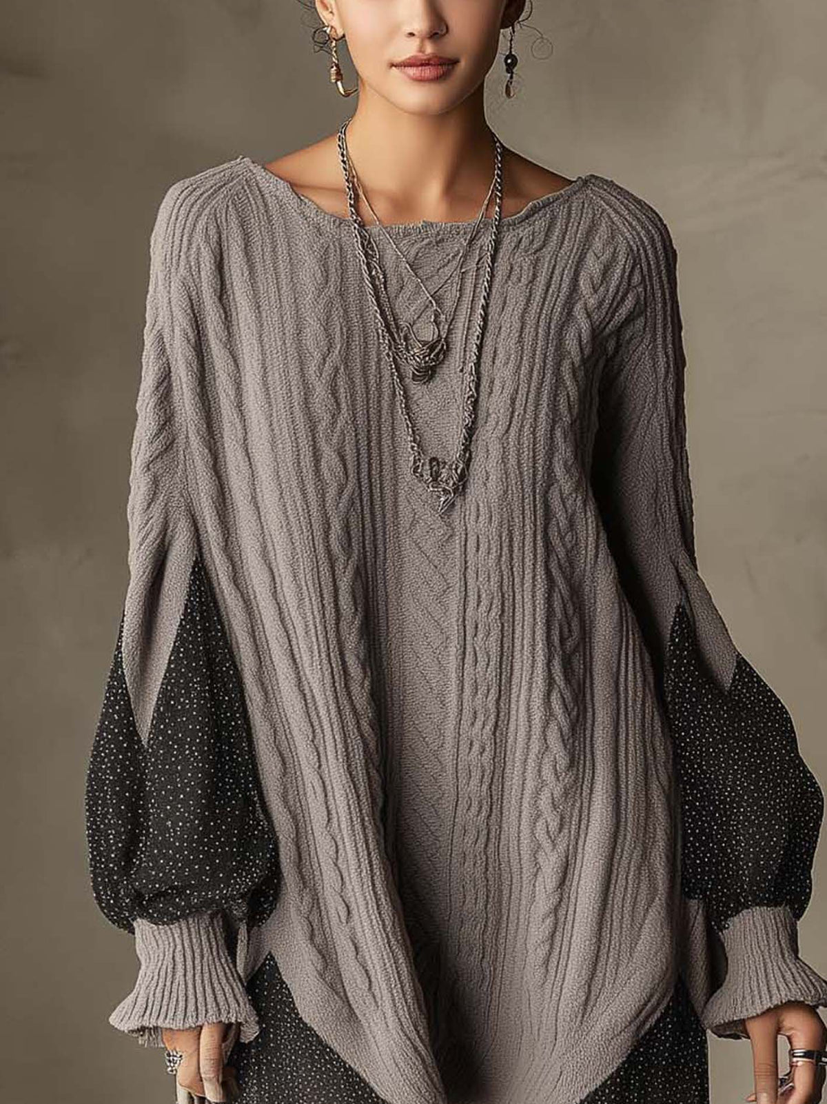 Gray Cable Knit Mini Dress With Polka Dot Chiffon Patchwork