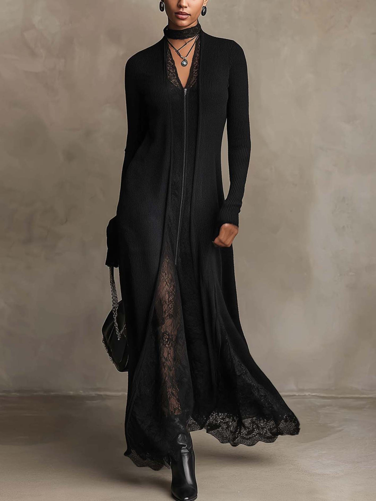 Black Ribbed Knit Maxi Dress With Zip Front And Sheer Lace Patchwork