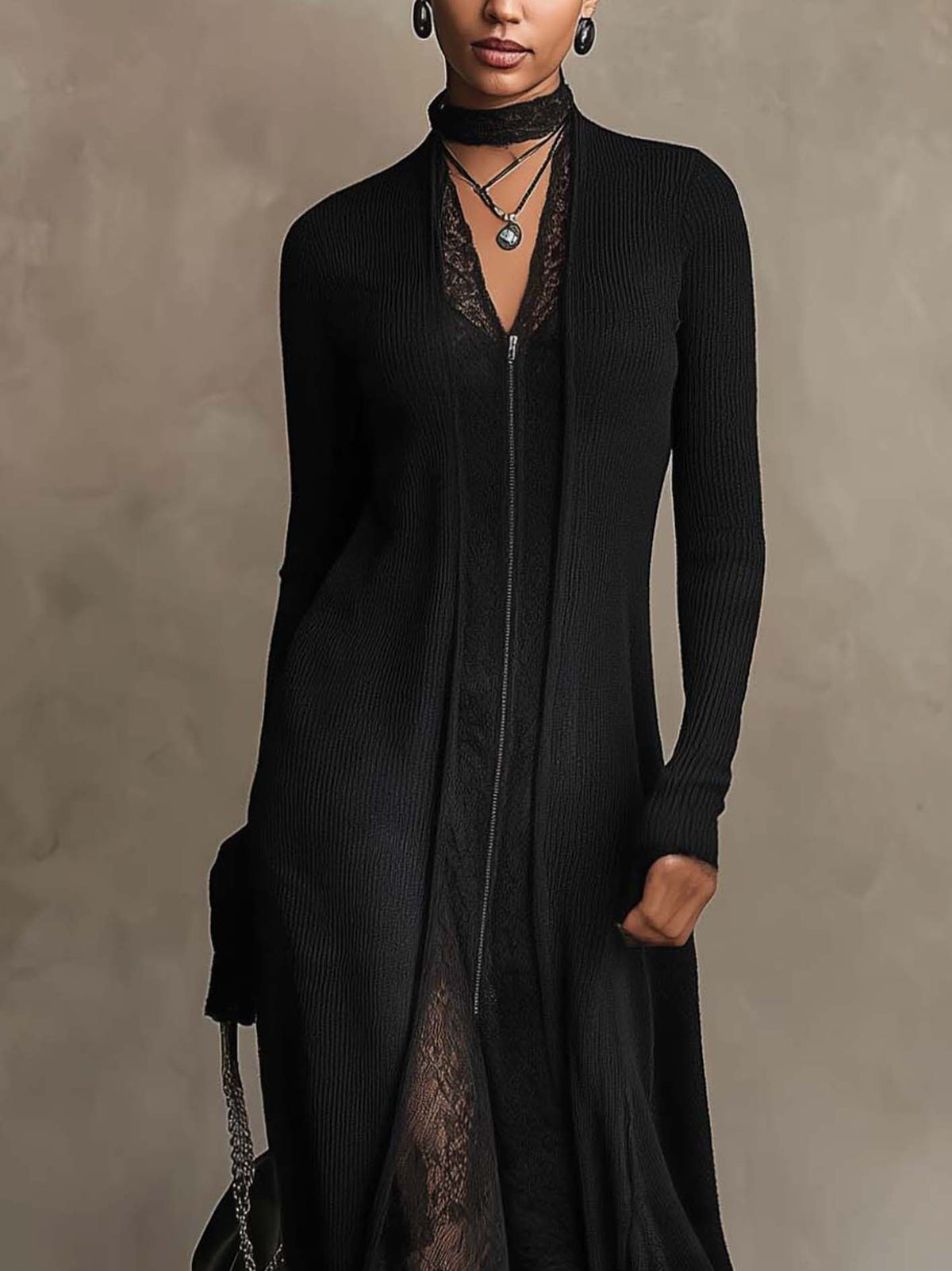Black Ribbed Knit Maxi Dress With Zip Front And Sheer Lace Patchwork