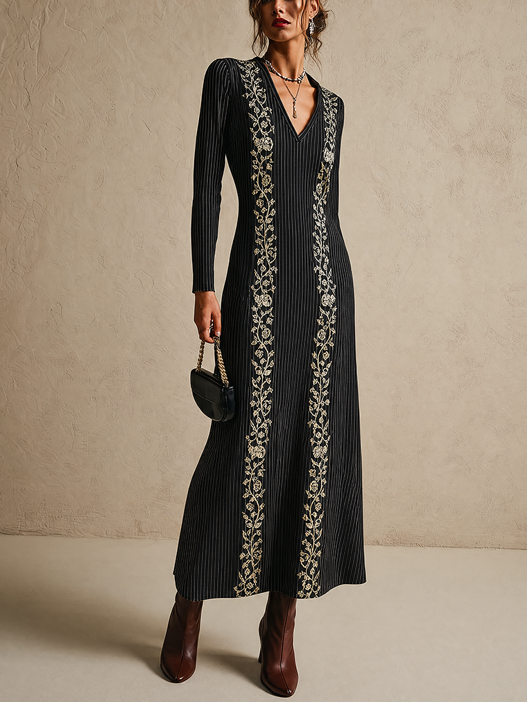 Black Pinstripe Knit V-Neck Maxi Dress With Gold Floral Embroidery