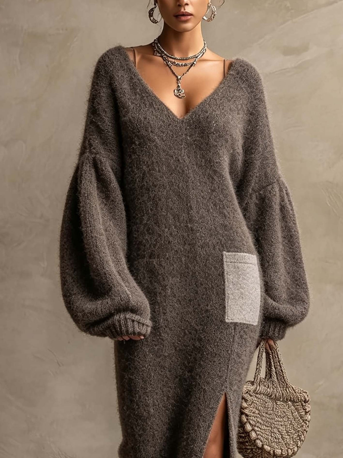 Taupe Mohair-Blend Knit Maxi Dress With Contrast Pocket And Front Slit