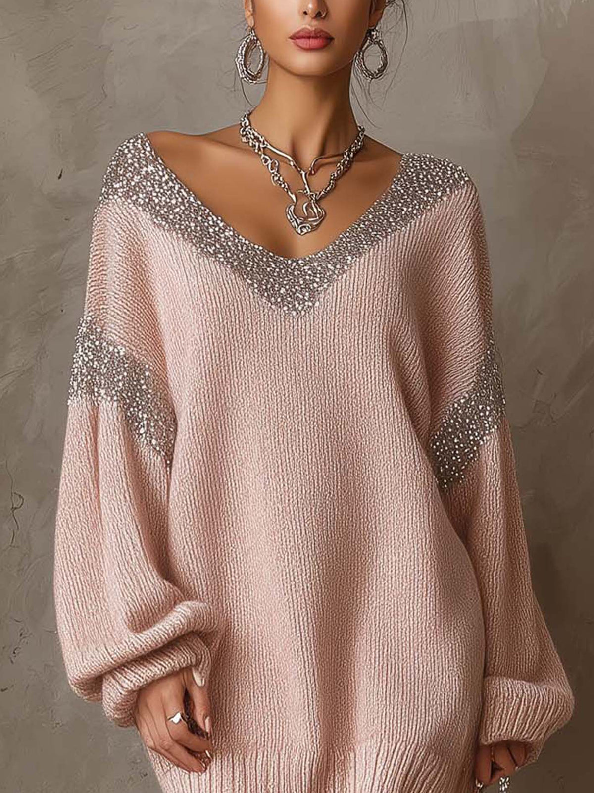 Blush Pink Knit Mini Sweater Dress With Silver Sequin Patchwork V-Neck