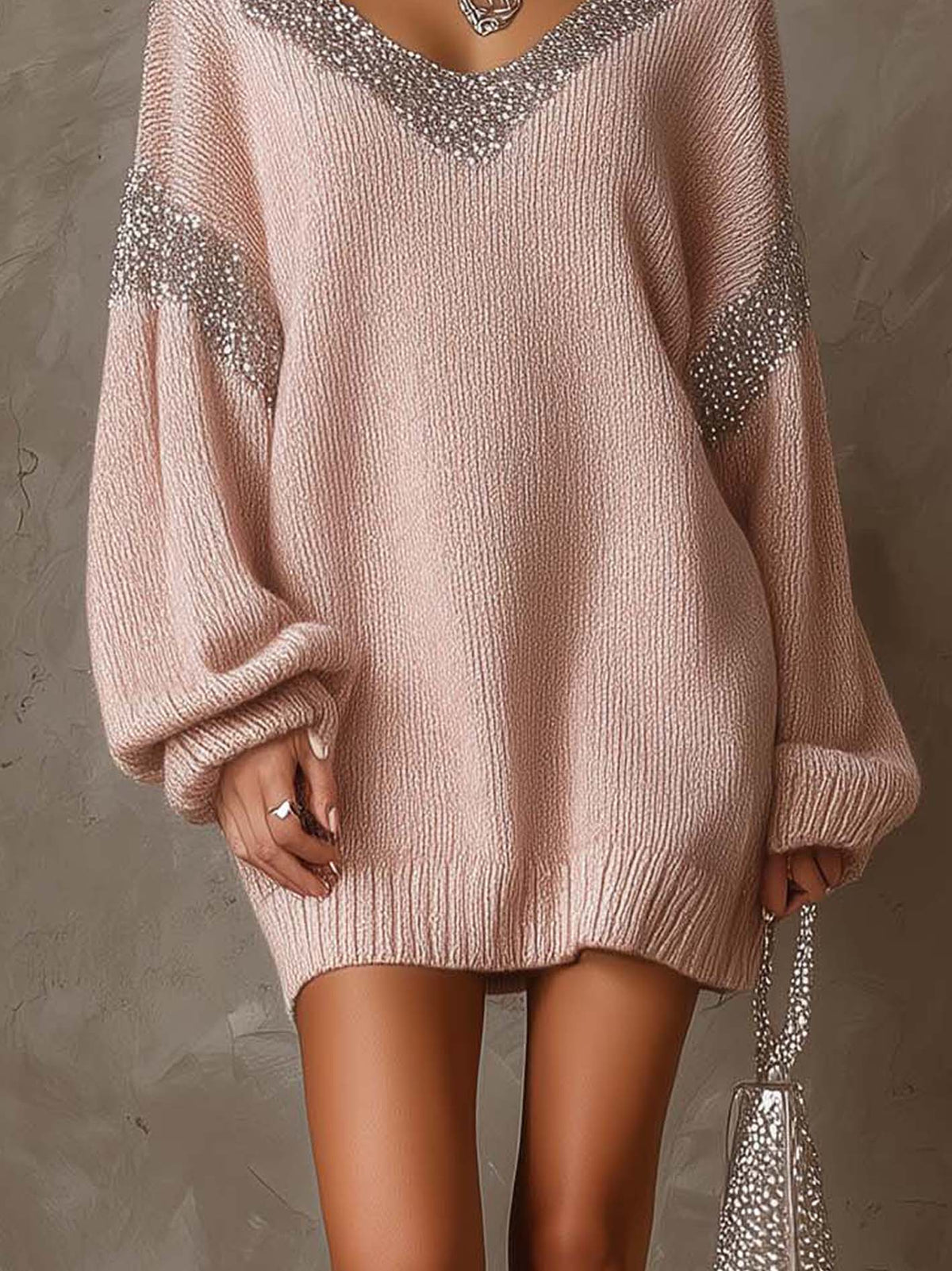 Blush Pink Knit Mini Sweater Dress With Silver Sequin Patchwork V-Neck