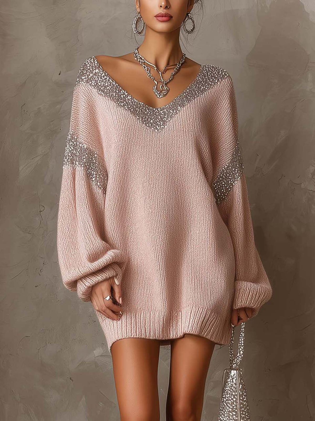 Blush Pink Knit Mini Sweater Dress With Silver Sequin Patchwork V-Neck