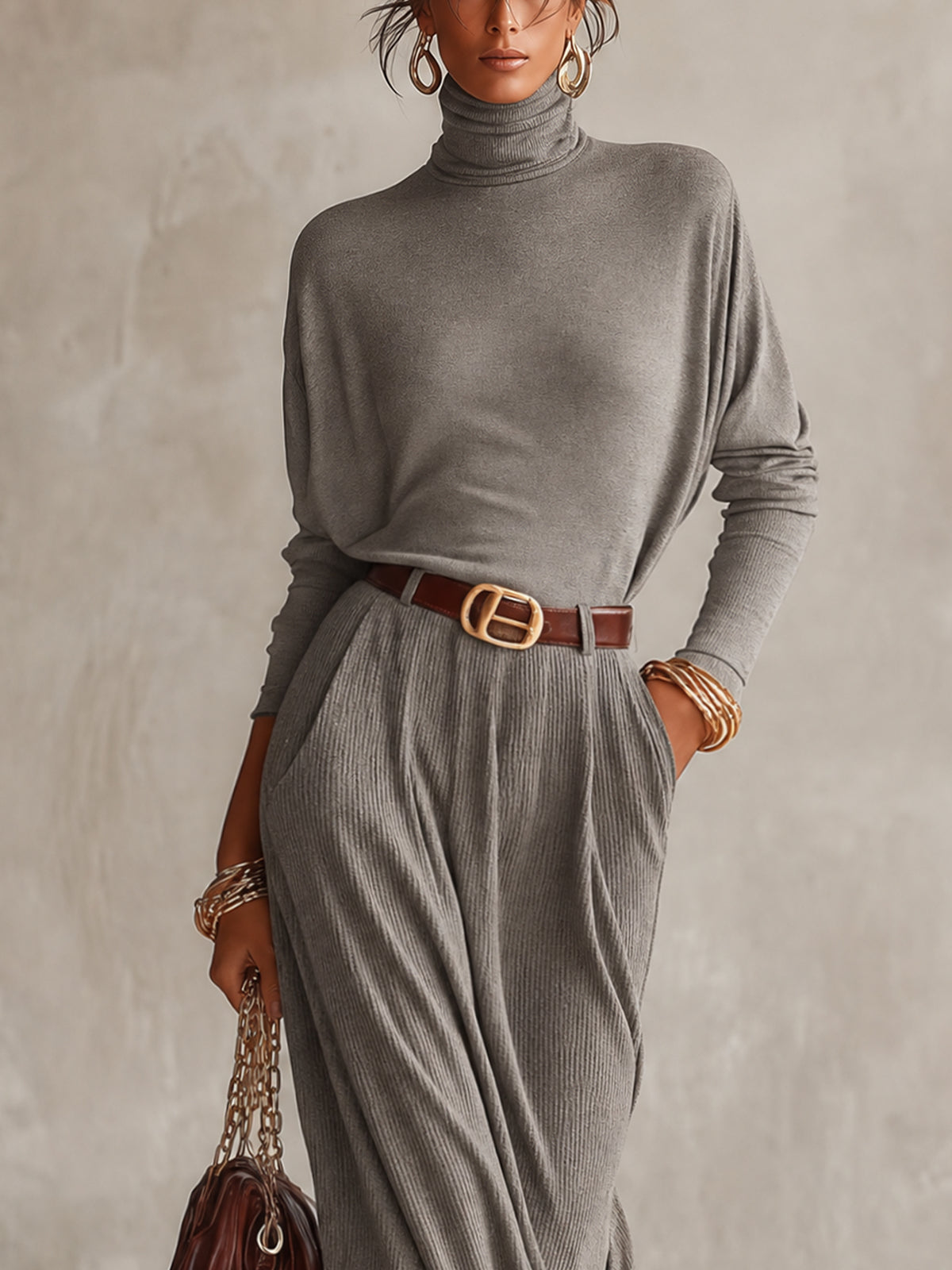 Gray Ribbed Knit Belted Turtleneck Maxi Dress