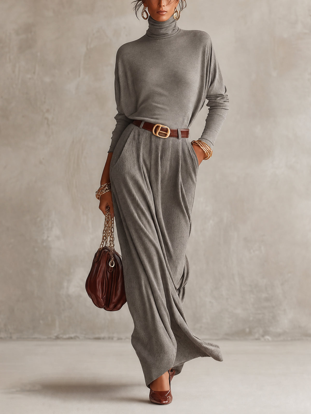 Gray Ribbed Knit Belted Turtleneck Maxi Dress