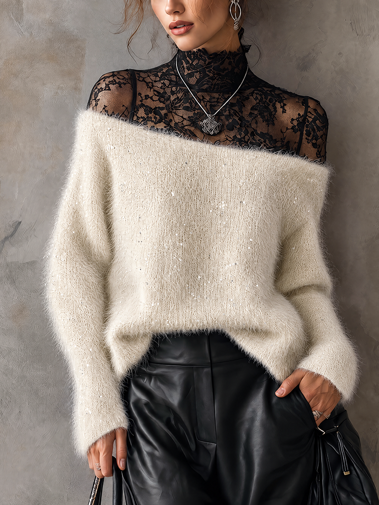 Cream Fuzzy Mohair-Blend Sequin Sweater With Wide Slash Neckline