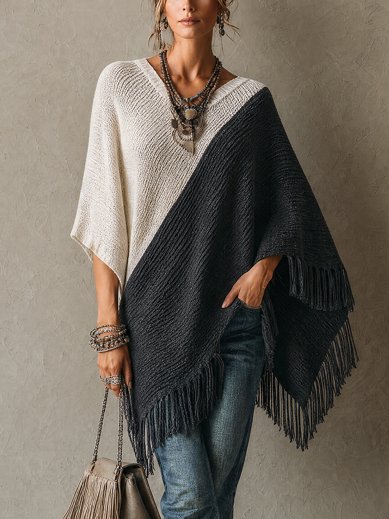 Ivory And Charcoal Colorblock Knit Poncho Sweater With Fringe Hem