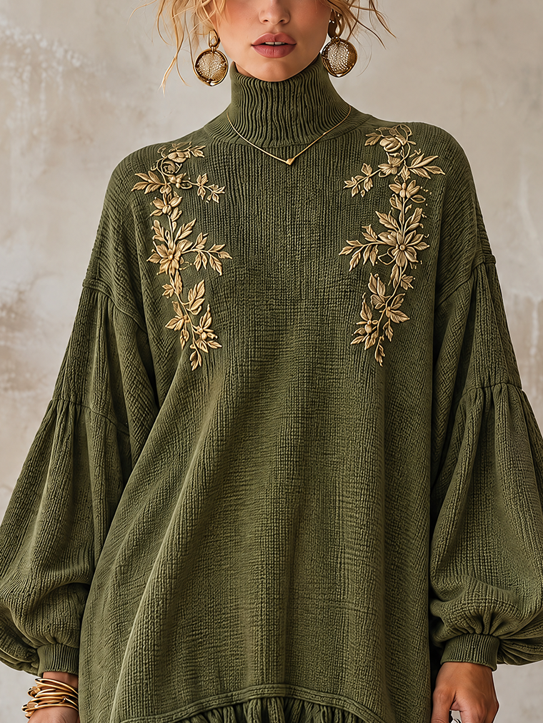 Olive Green Ribbed Knit Turtleneck Ruffle-Hem Mini Sweater Dress