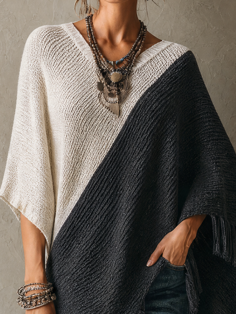 Ivory And Charcoal Colorblock Knit Poncho Sweater With Fringe Hem
