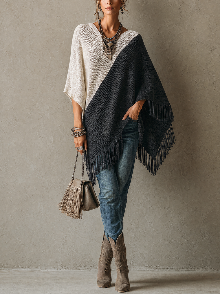 Ivory And Charcoal Colorblock Knit Poncho Sweater With Fringe Hem