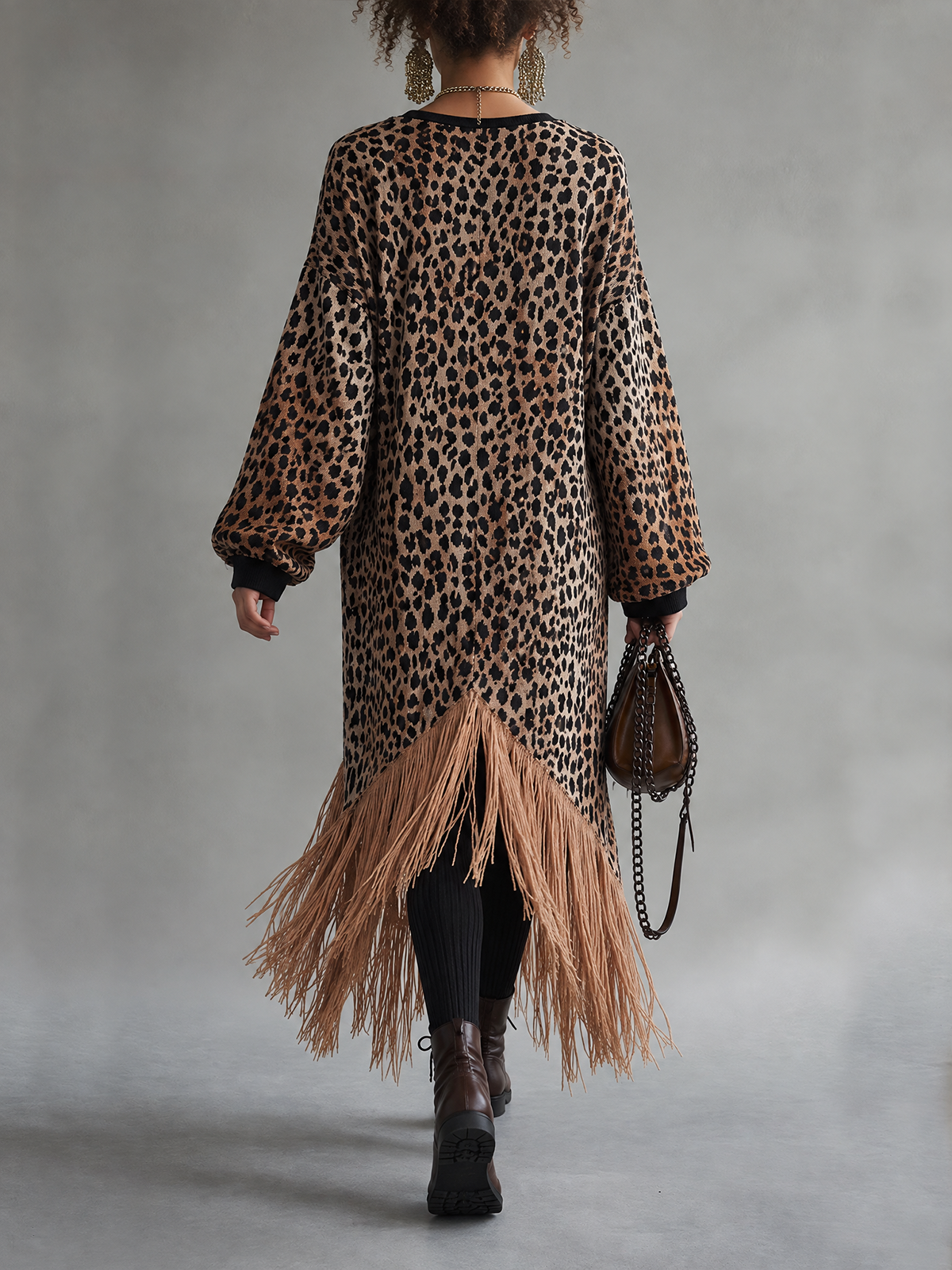 Leopard Print Fringe Kimono Style Black Knit Midi Dress