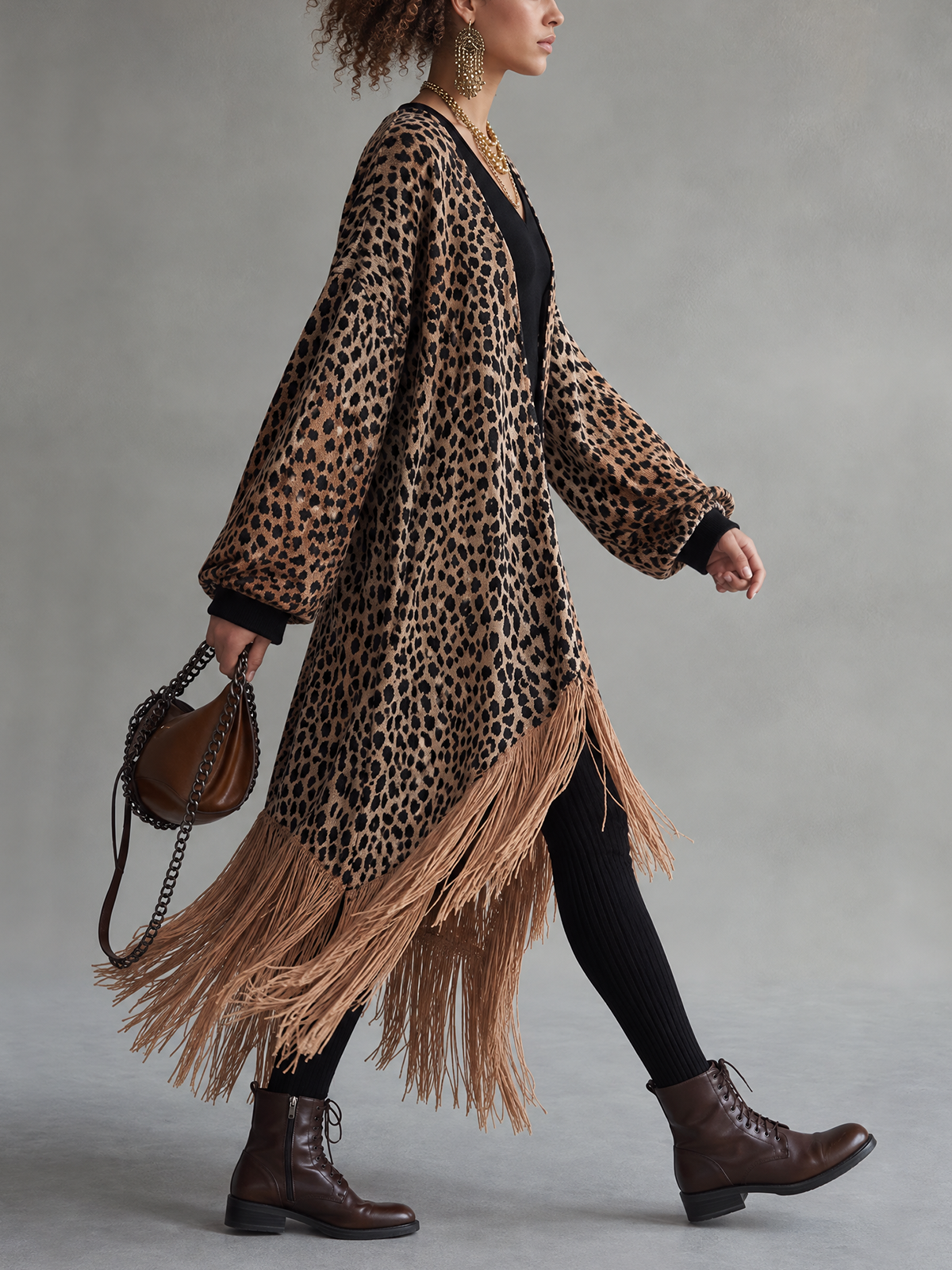 Leopard Print Fringe Kimono Style Black Knit Midi Dress