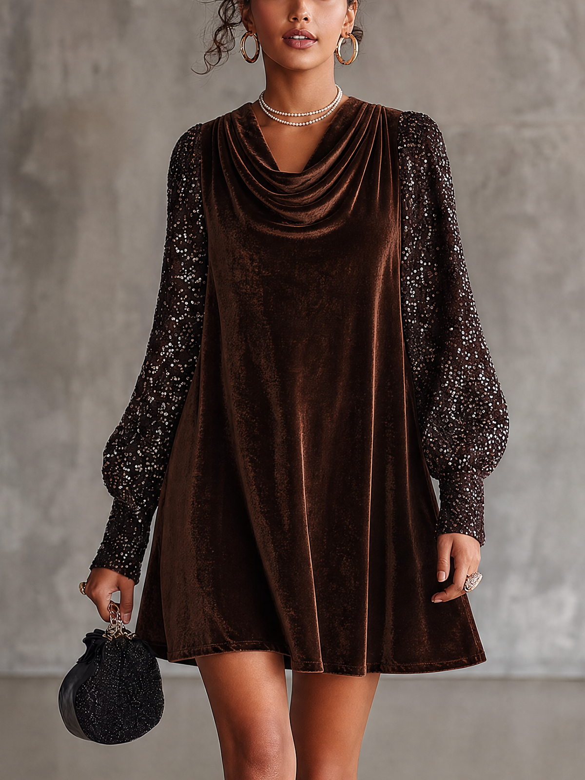 Brown Velvet Sequin Long Sleeve Mini Dress
