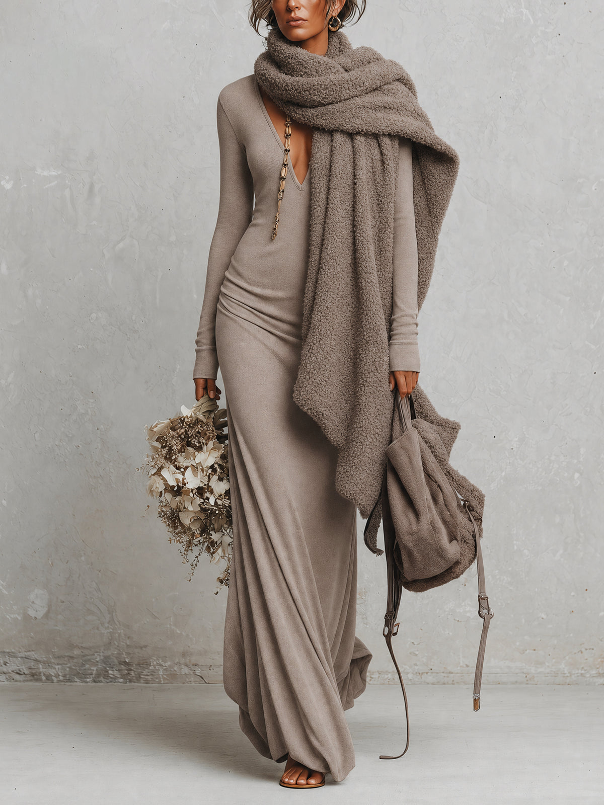 Oatmeal Deep V-Neck Brushed Stretch Knit Maxi Dress