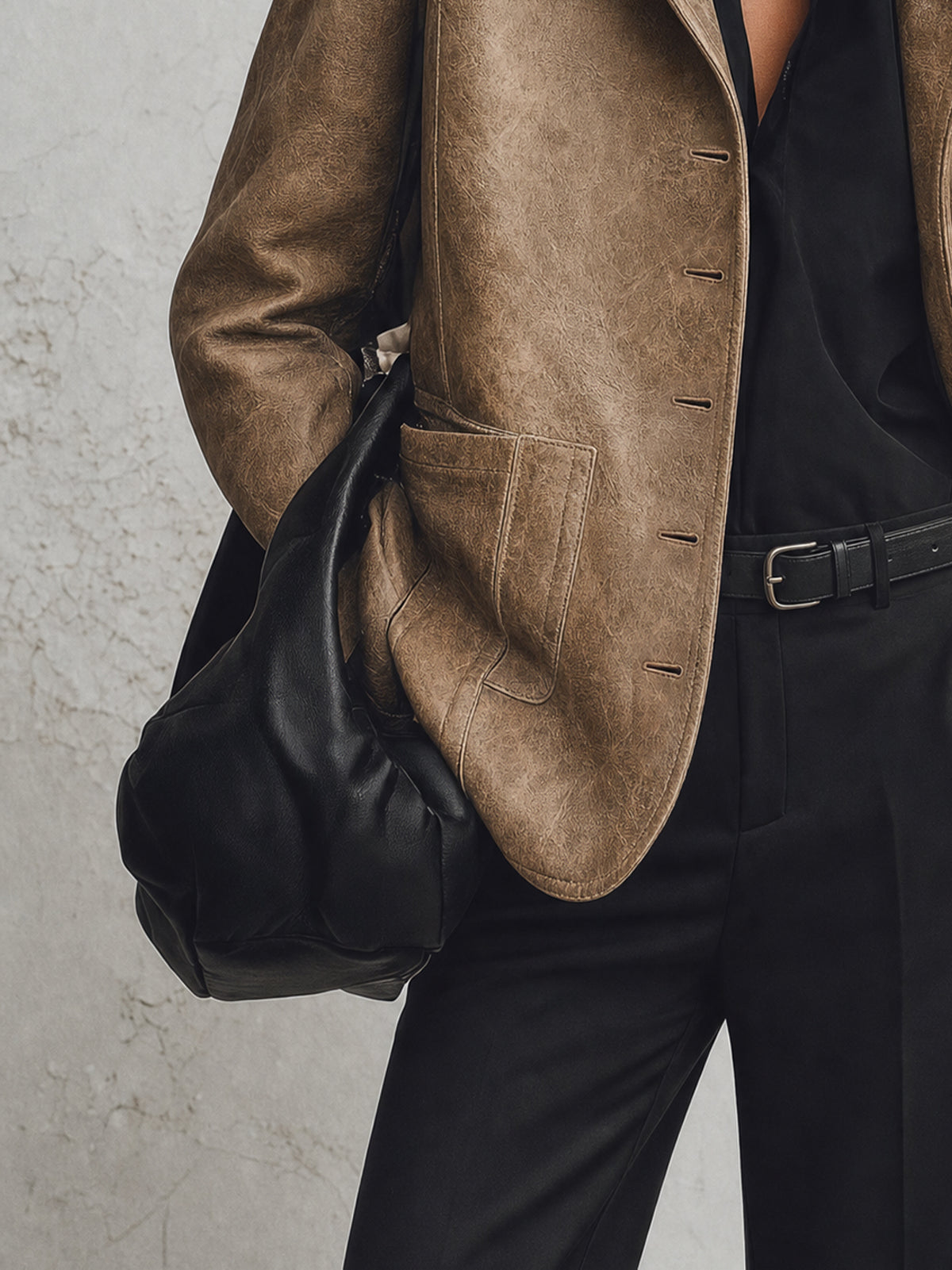 Khaki Distressed Faux Leather Long Sleeve Jacket