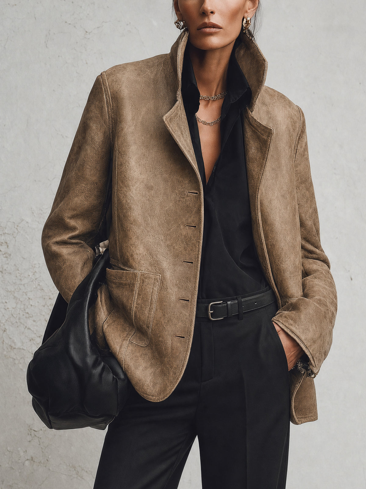 Khaki Distressed Faux Leather Long Sleeve Jacket