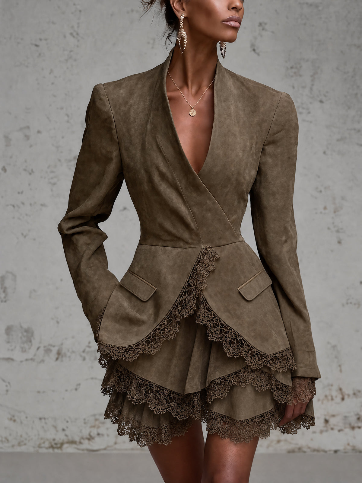 Olive Faux Suede Blazer Style Lace Trim Mini Dress