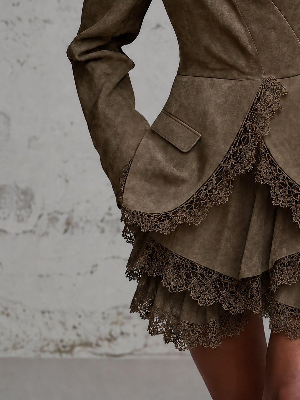 Olive Faux Suede Blazer Style Lace Trim Mini Dress