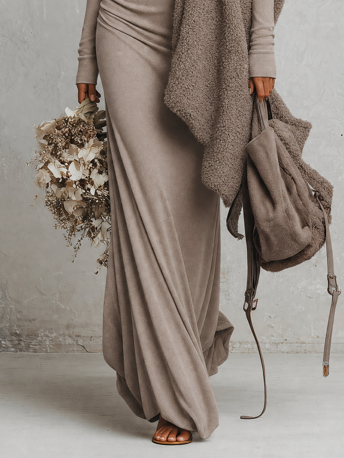 Oatmeal Deep V-Neck Maxi Dress With Wool Blend Shawl Set