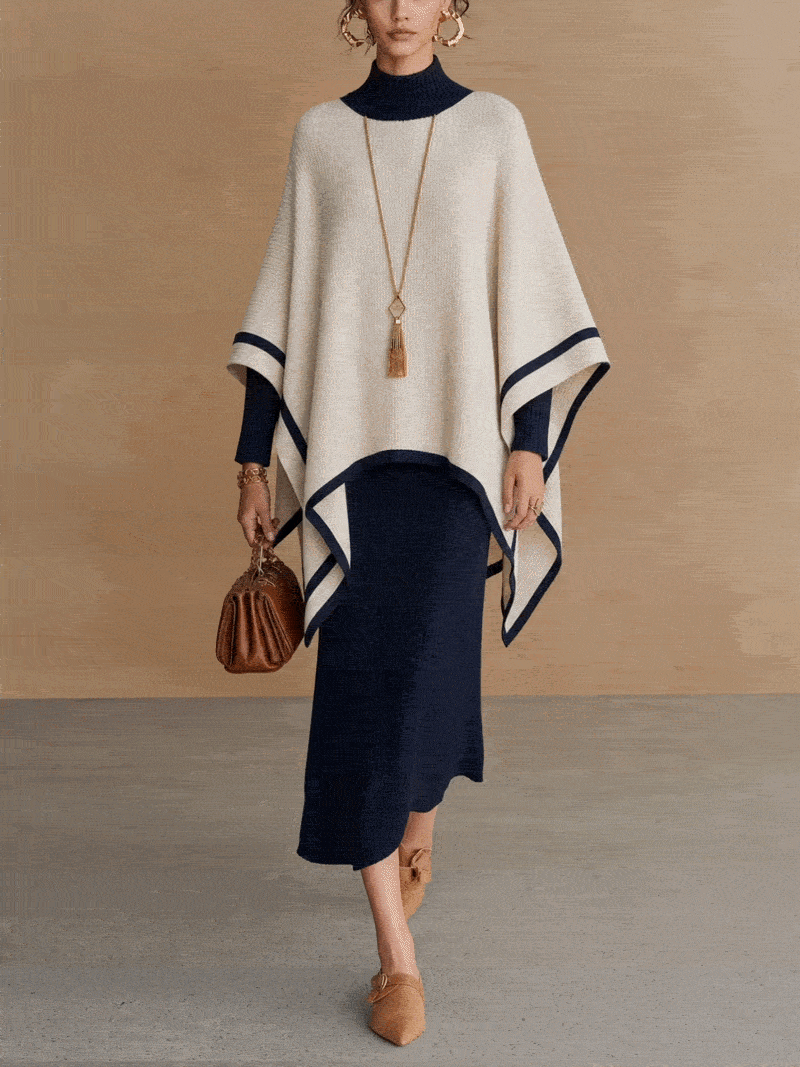 Navy And Cream Turtleneck Knit Poncho Overlay Midi Dress