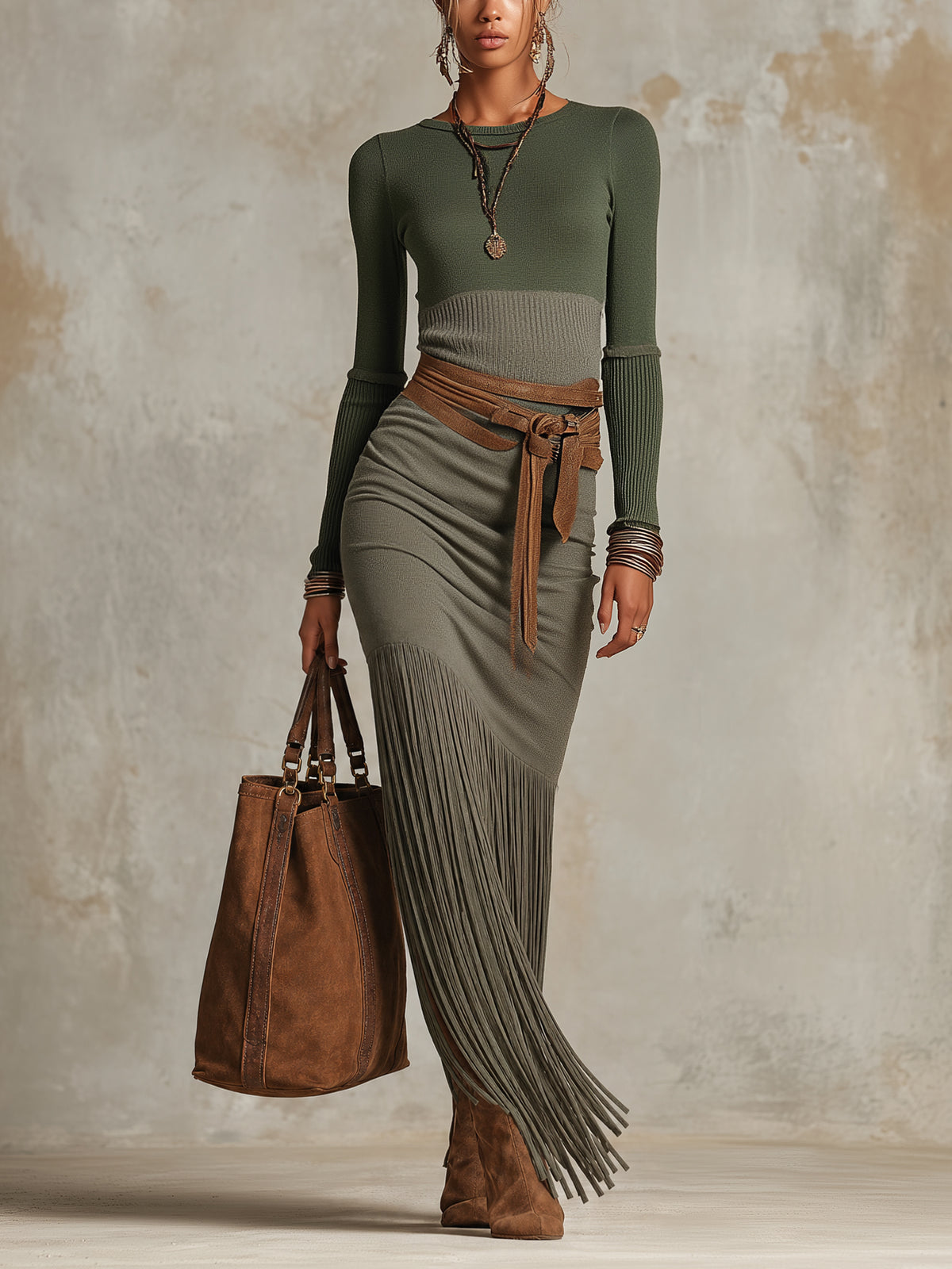 Vintage Green Color Block Knit Long Sleeve Fringe Maxi Dress