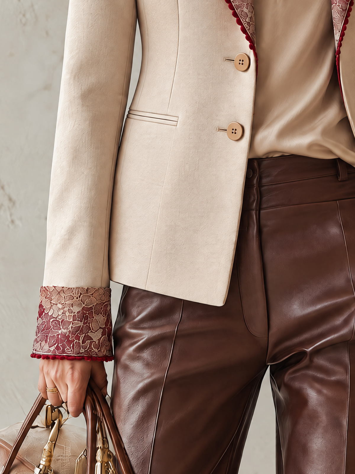 Cream Tailored Blazer With Wine Floral Print Lapels And Cuffs