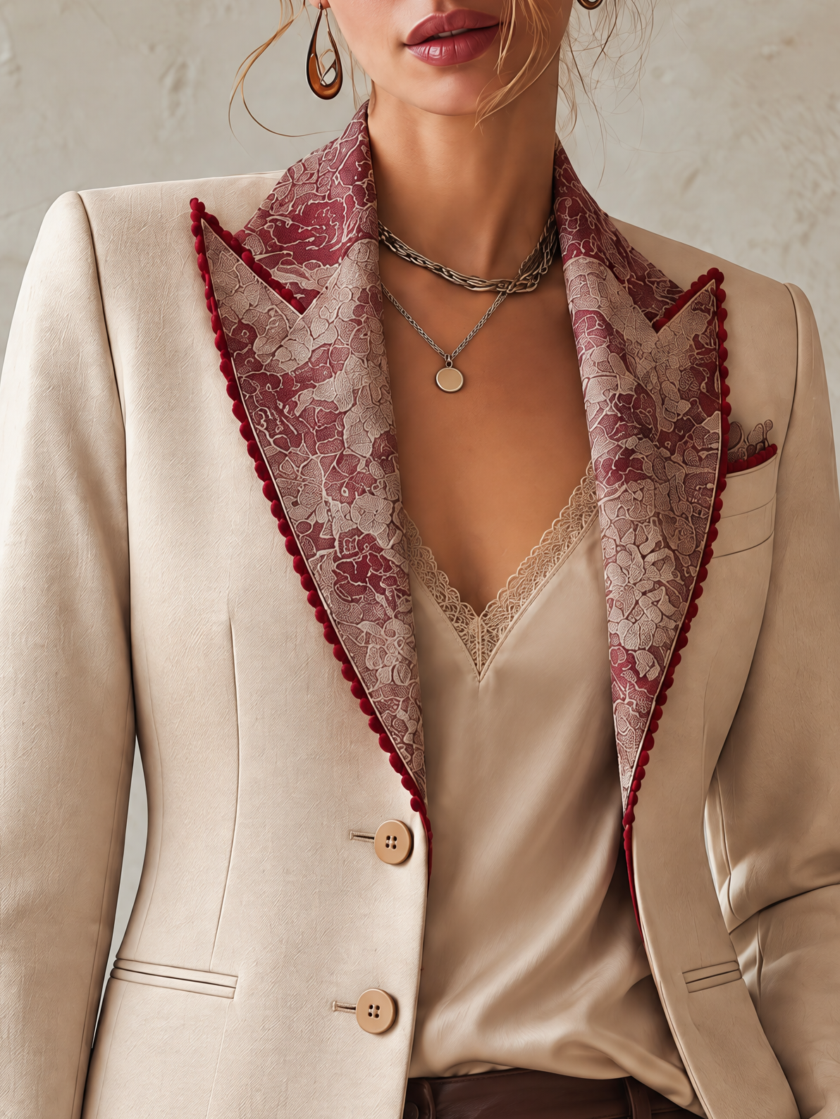 Cream Tailored Blazer With Wine Floral Print Lapels And Cuffs