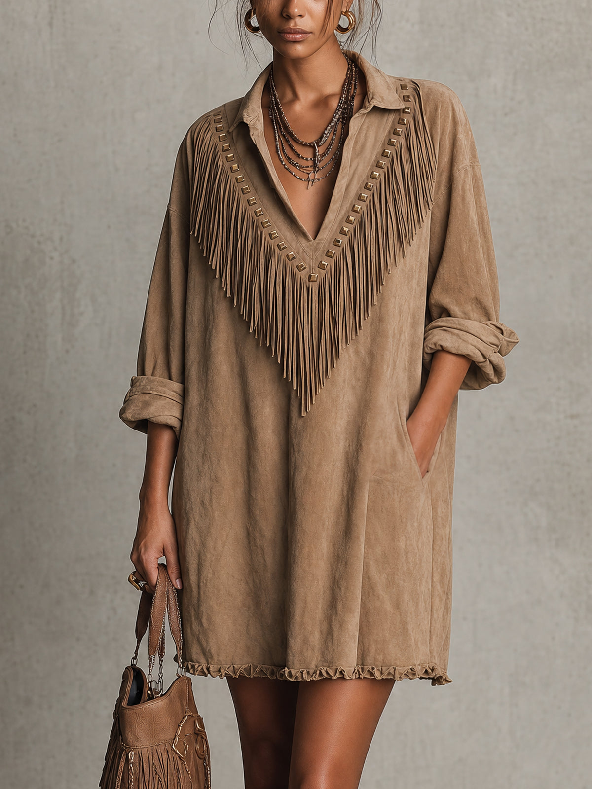 Khaki Cotton Blend Oversized Fringe And Stud Mini Dress
