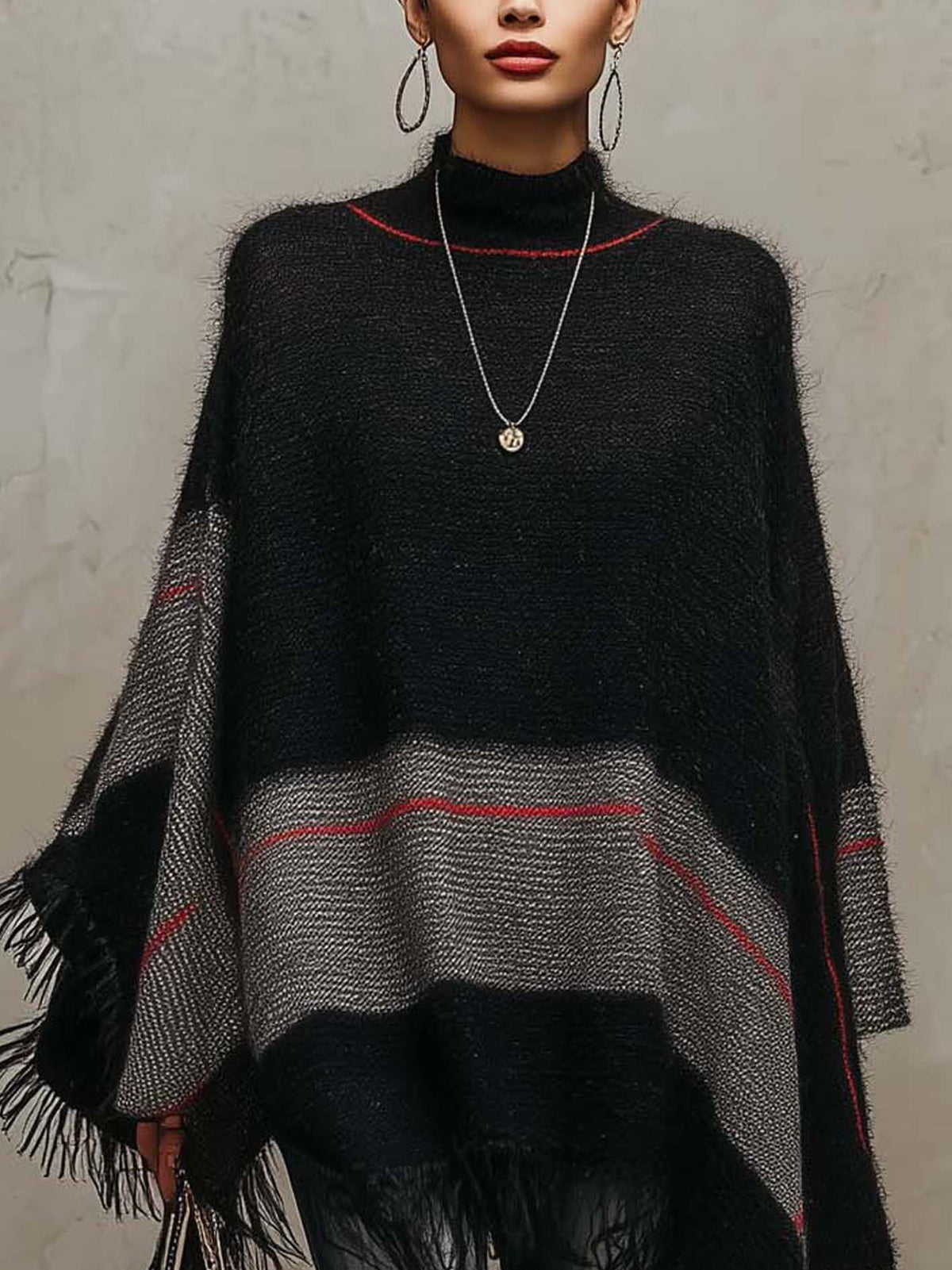 Black And Gray Color Block Knit Poncho With Crimson Stripe Accent And Fringe Trim