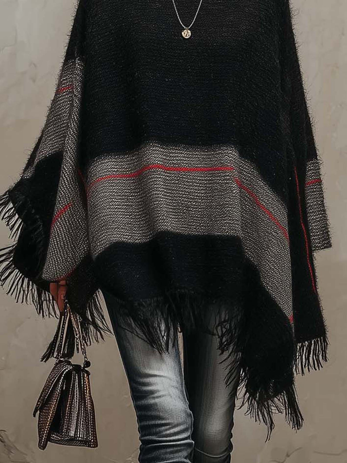 Black And Gray Color Block Knit Poncho With Crimson Stripe Accent And Fringe Trim