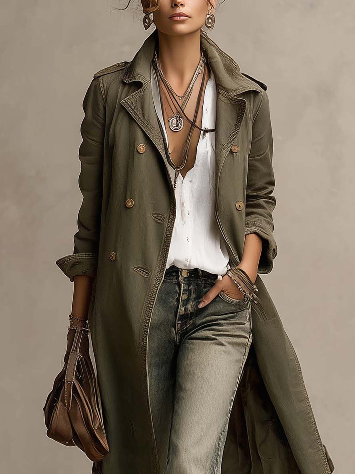 Vintage-Washed Olive Cotton Trench Jacket With Double-Breasted Buttons
