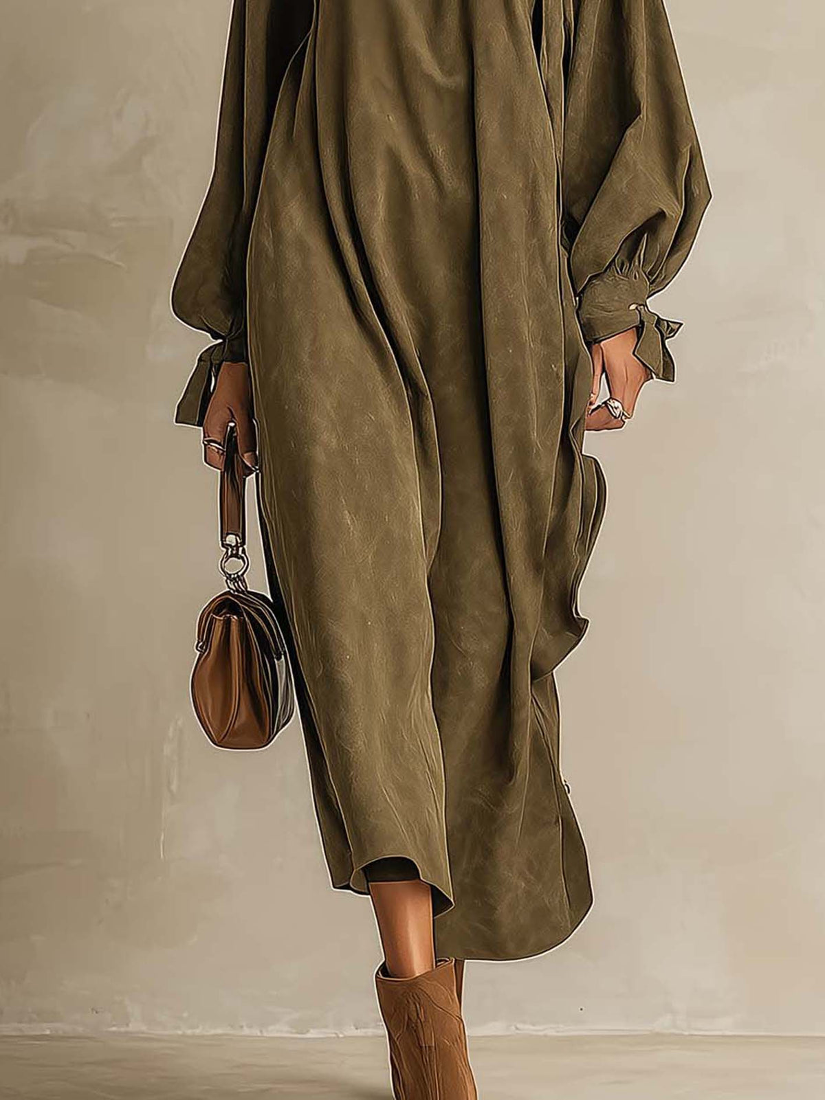 Distressed Olive Faux Suede Maxi Dress With Pleated Mock Neck And Balloon Sleeves