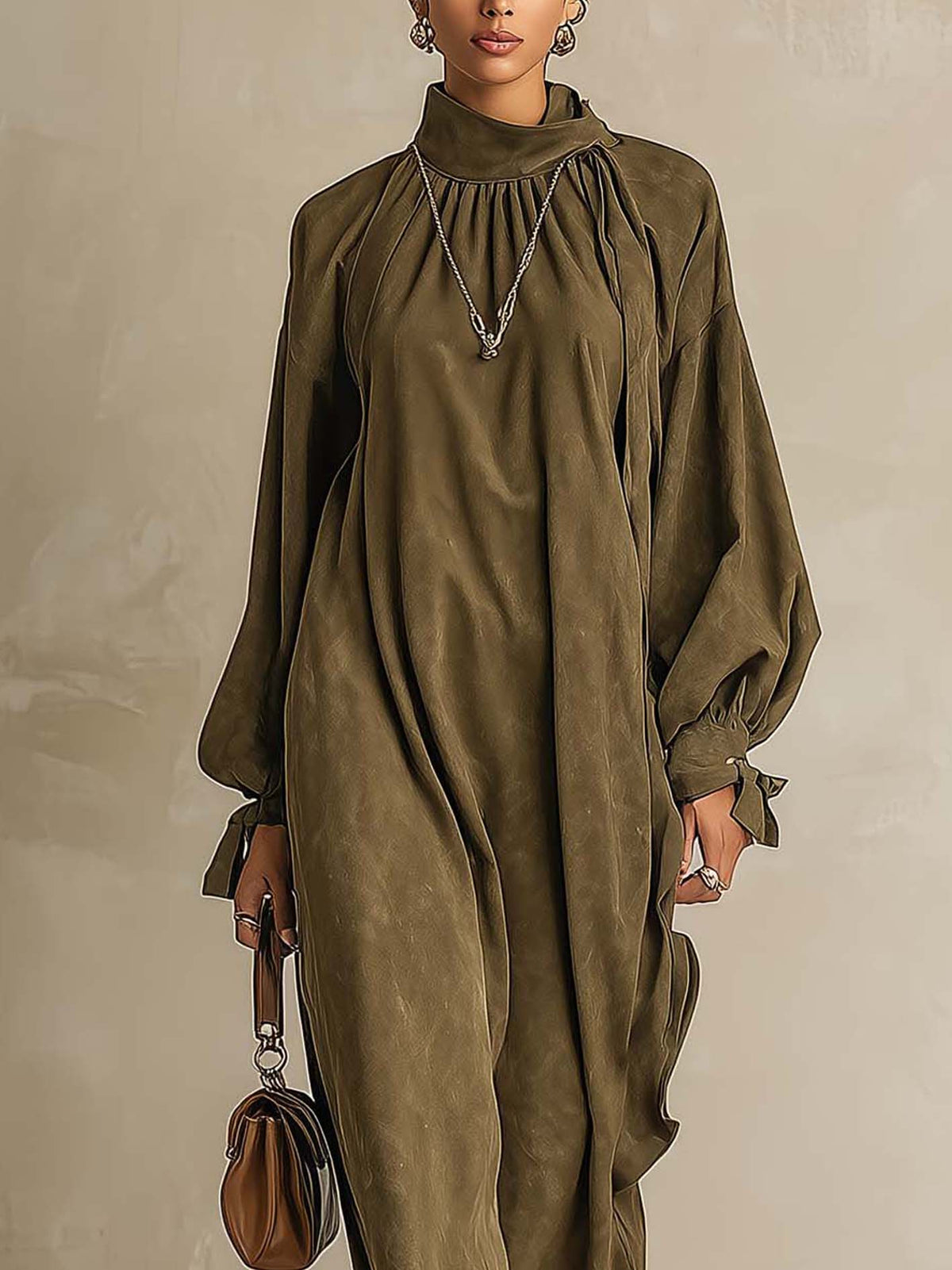 Distressed Olive Faux Suede Maxi Dress With Pleated Mock Neck And Balloon Sleeves