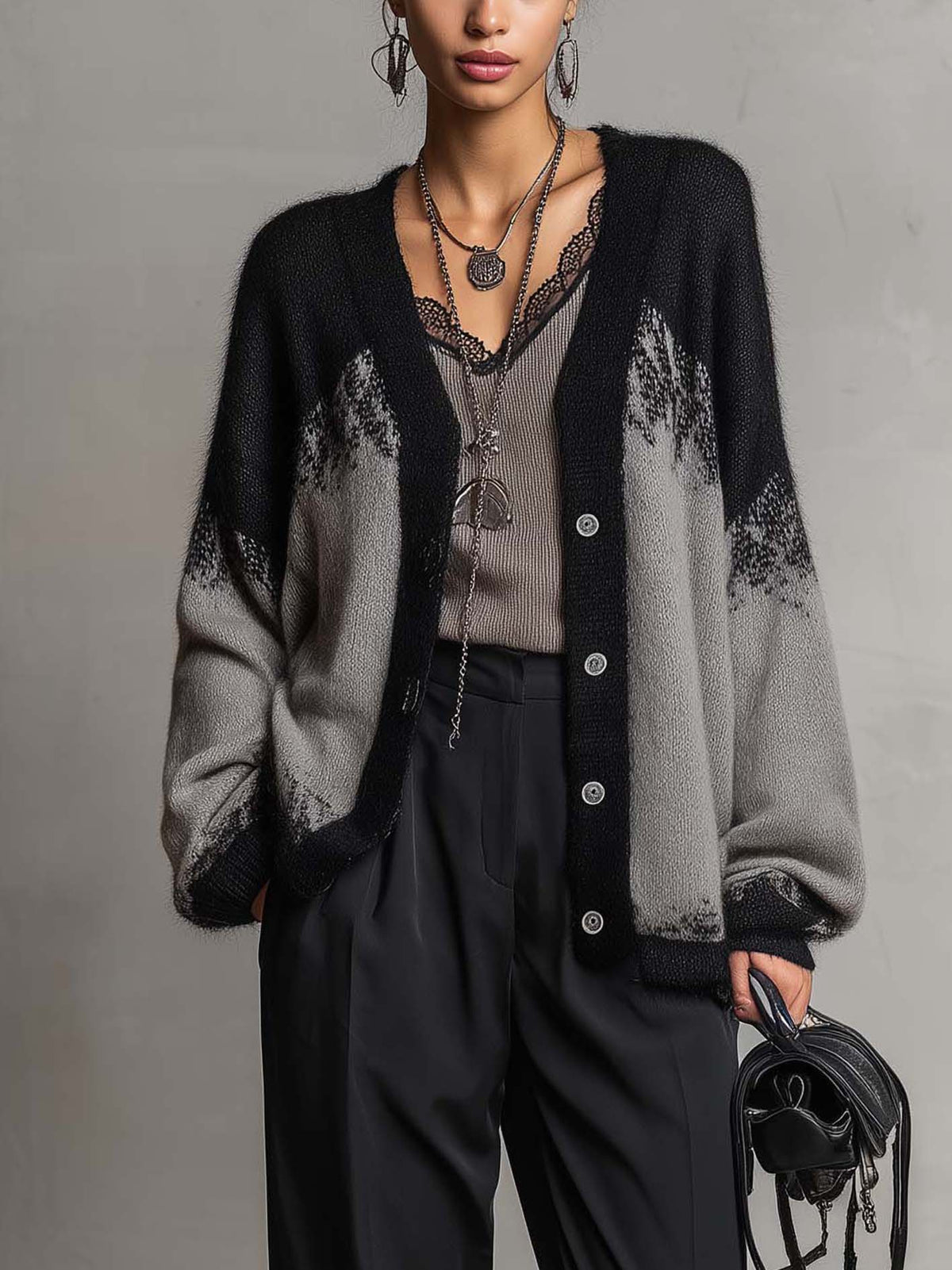 Gray And Black Color Block Knit Cardigan With Balloon Sleeves