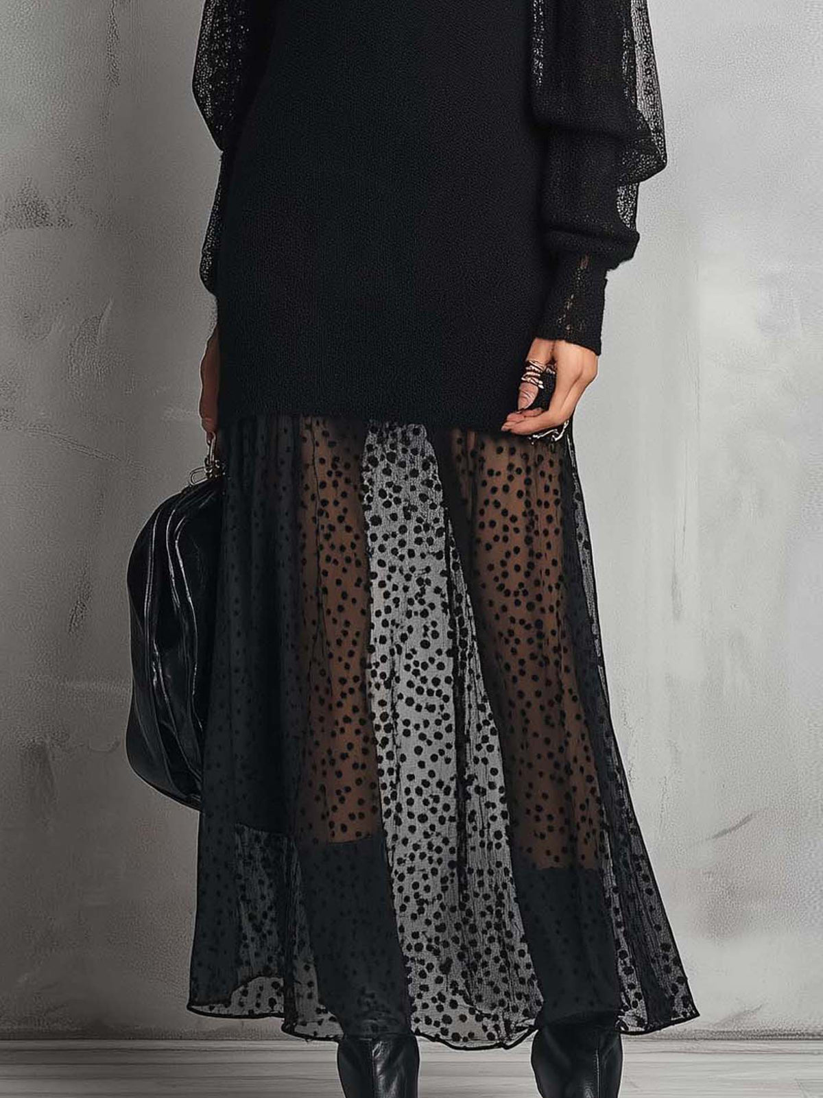 Black Knit Maxi Dress With Polka Dot Sheer Mesh Patchwork Hem