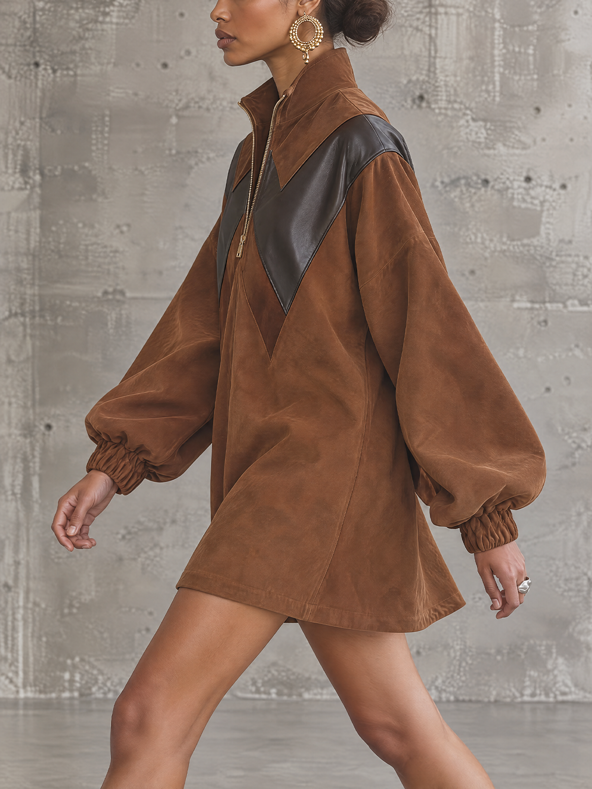 Brown Faux Suede Contrast Leather Half Zip Mini Dress
