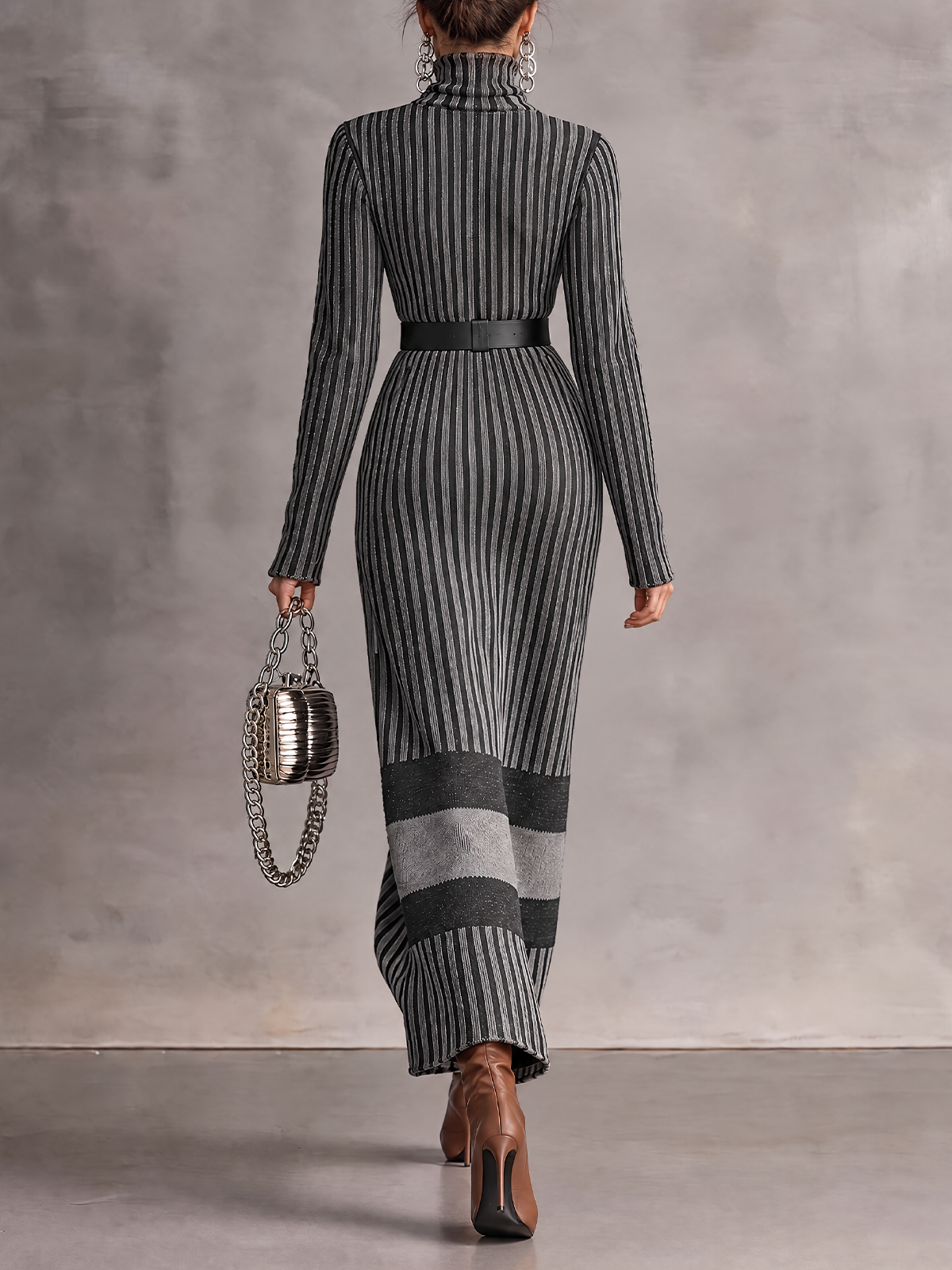 Grey Black Striped Turtleneck Knit Maxi Dress