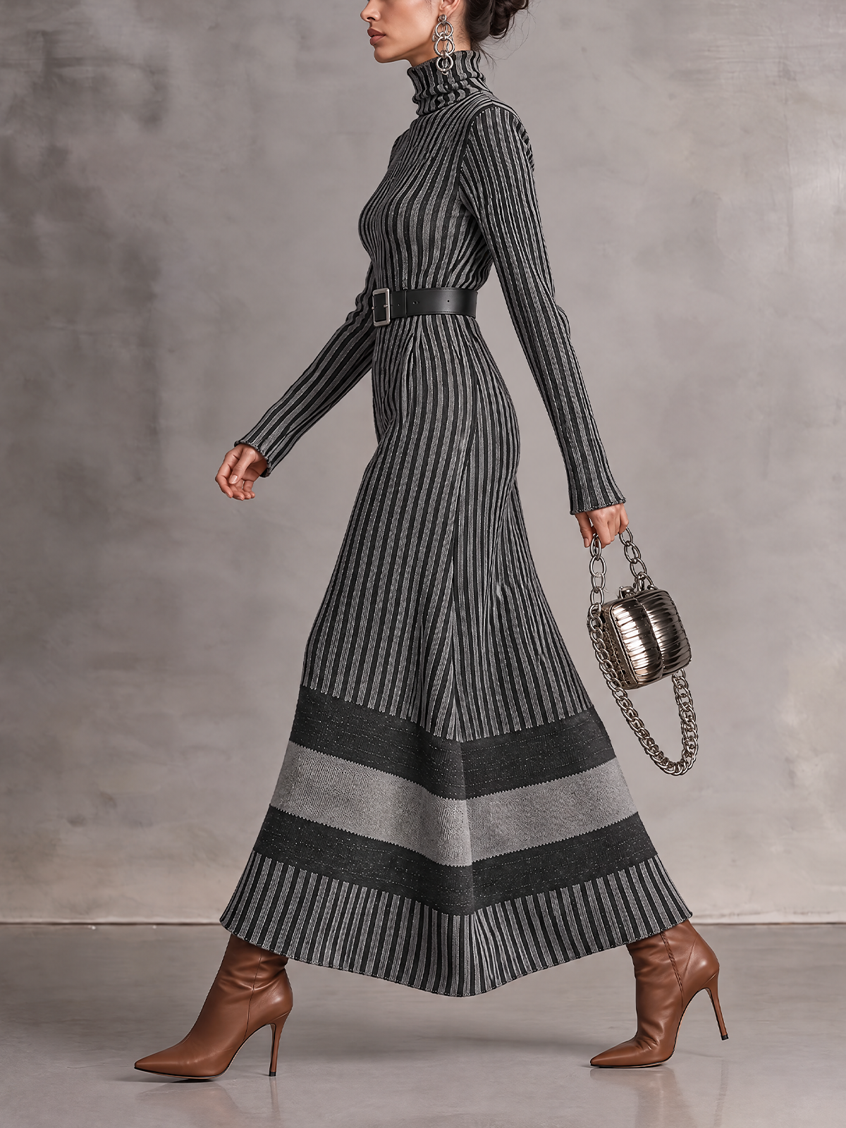 Grey Black Striped Turtleneck Knit Maxi Dress