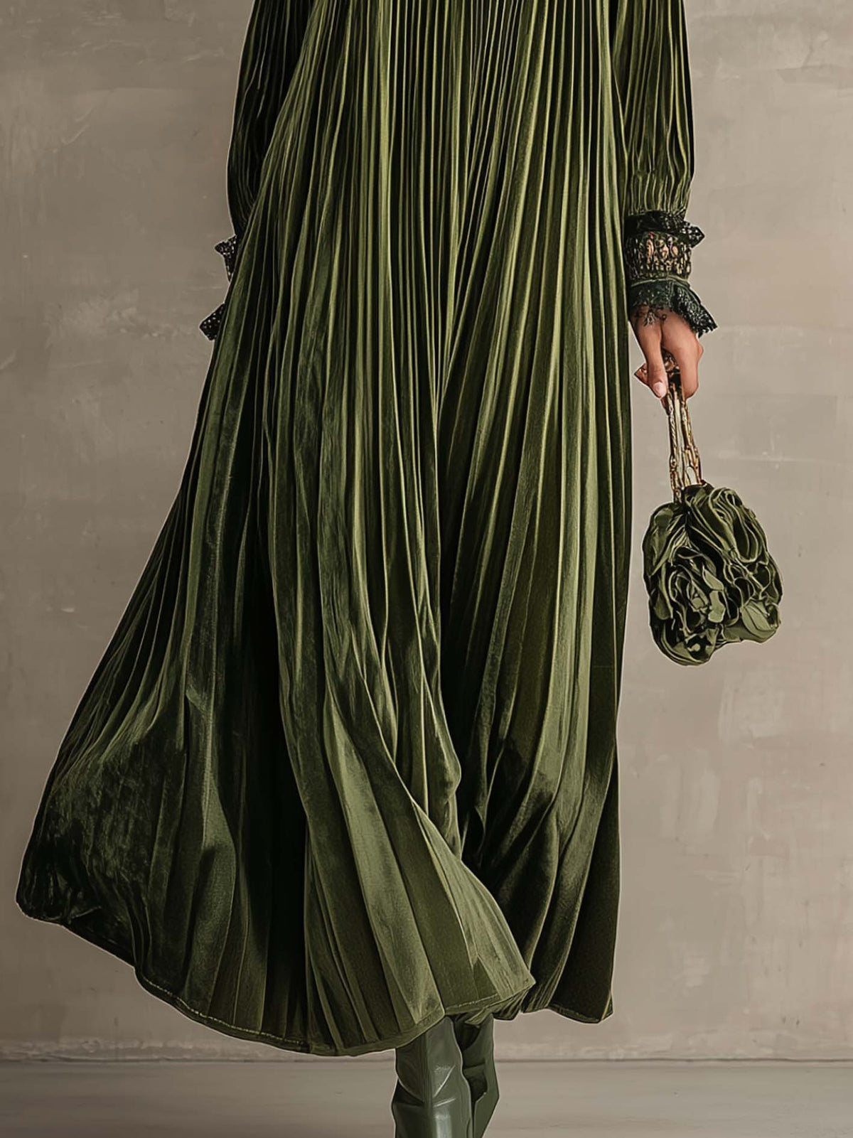 Olive Green Pleated Velvet Maxi Dress With 3D Floral Shoulder Appliques