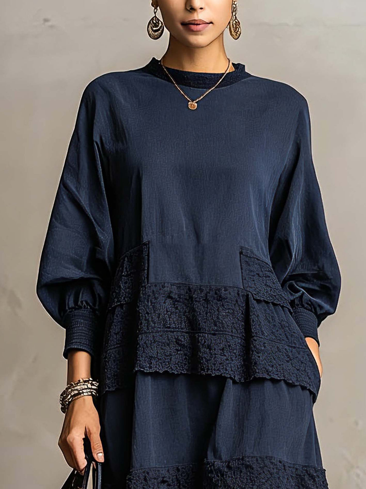 Navy Cotton Mini Dress With Lace Patchwork Panels And Balloon Sleeves