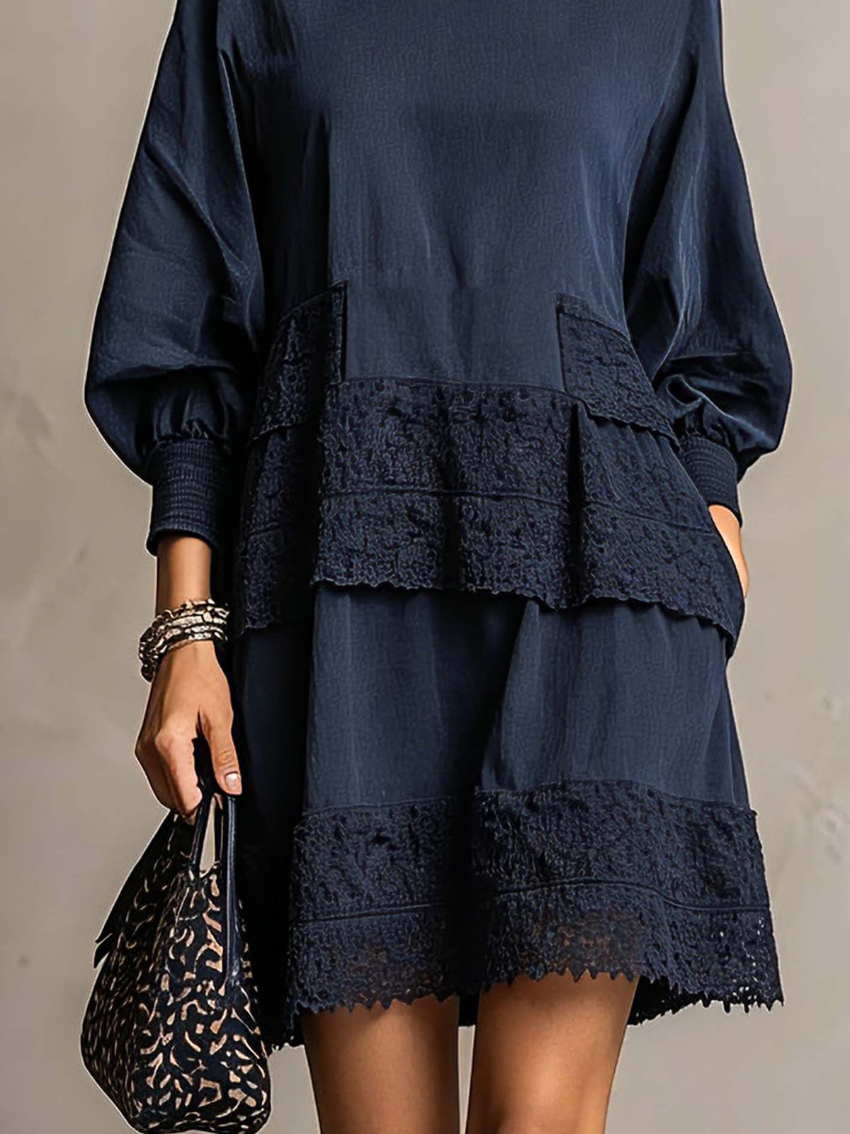 Navy Cotton Mini Dress With Lace Patchwork Panels And Balloon Sleeves