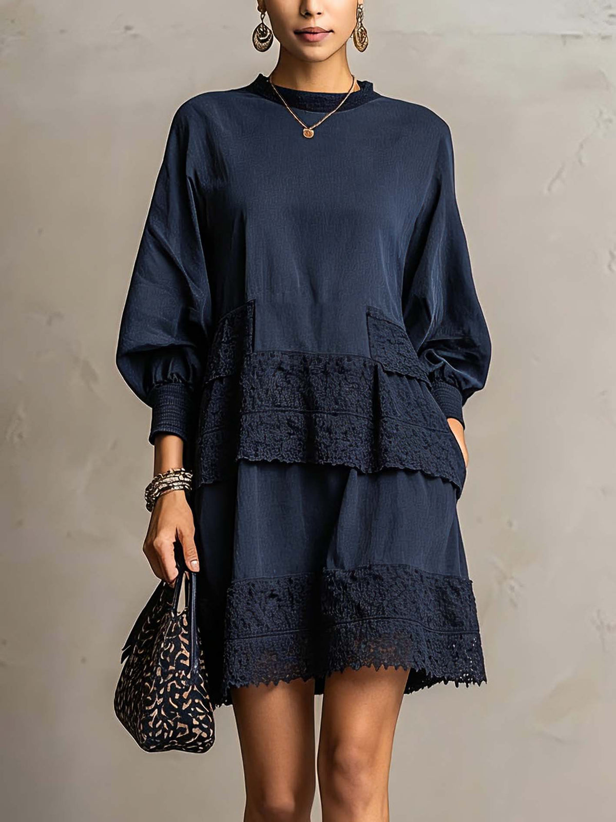 Navy Cotton Mini Dress With Lace Patchwork Panels And Balloon Sleeves