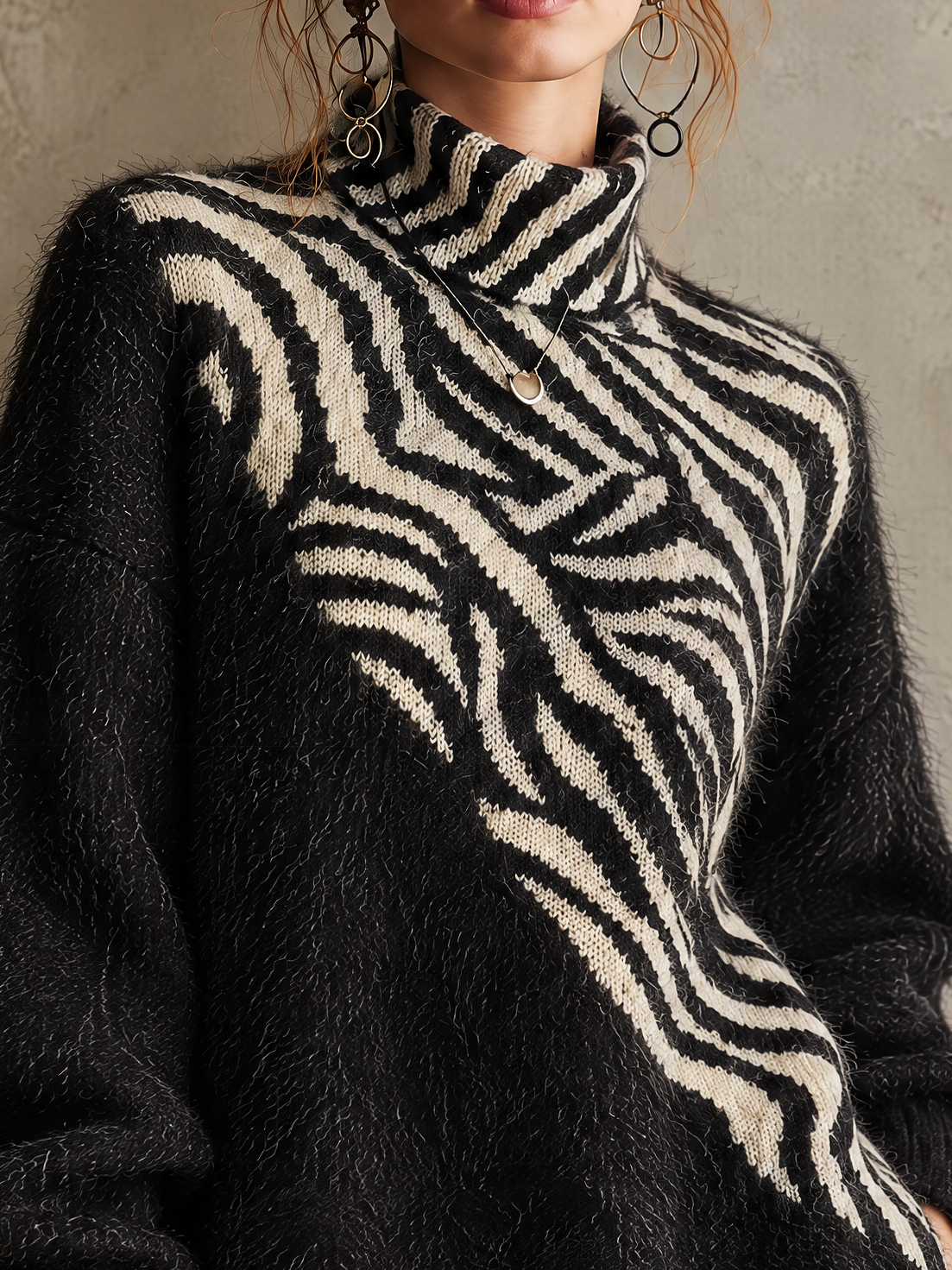 Black Fuzzy Mohair Zebra-Intarsia Turtleneck Mini Sweater Dress
