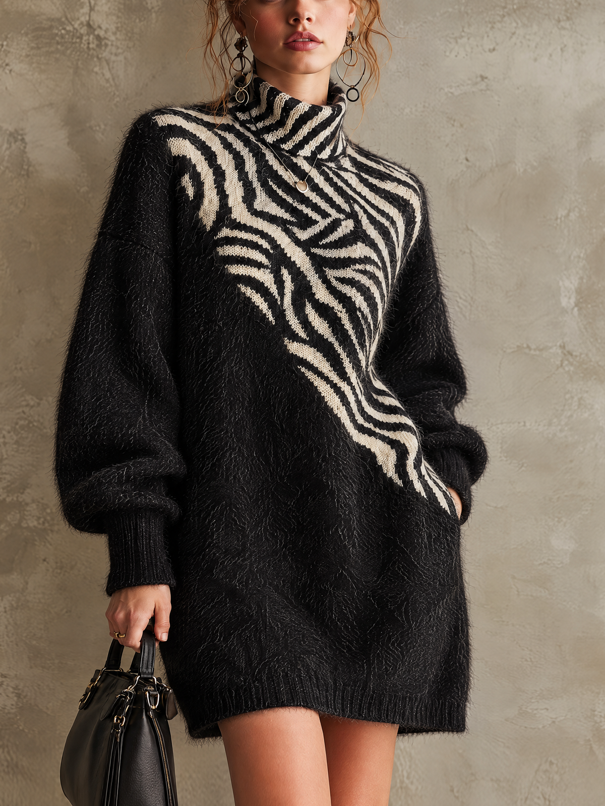Black Fuzzy Mohair Zebra-Intarsia Turtleneck Mini Sweater Dress
