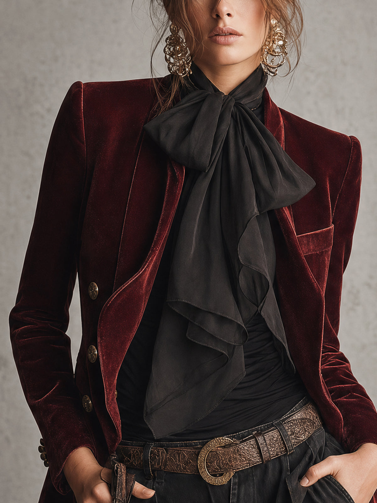 Burgundy Velvet Long Sleeve Vintage Tailored Blazer